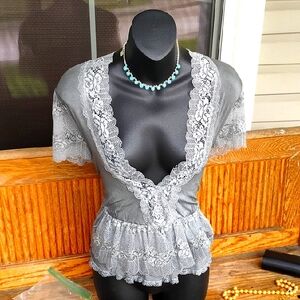 Beautiful!POL,Rose blossom,Slate gray,Lace Detail,Peblem Top!